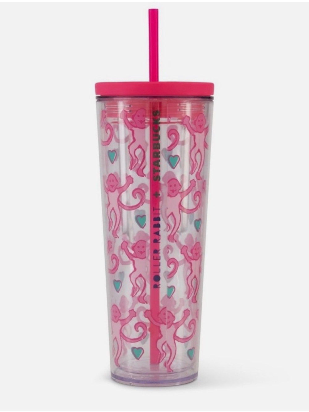 Starbucks Pink Monkey Tumbler with Teal Heart Accents
